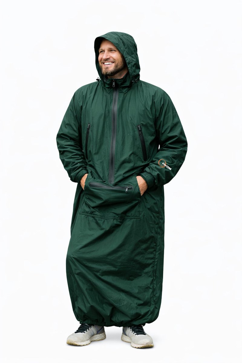 IWOM WeatherShield Convertible Jacket shown with adjustable hood and multiple zippered pockets, designed for outdoor protection.