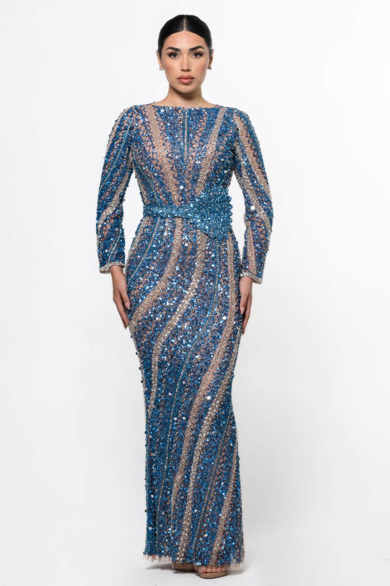 Iyza Belaar Mariam long sleeve beaded dress showing intricate beadwork and elegant design on a stylish dress.