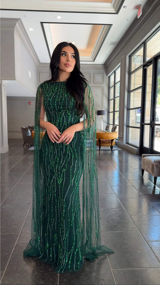 Iyza Belaar Faramah Drape Sleeves embellished fitted sequin evening dress, long modest gown with elegant design and intricate details.