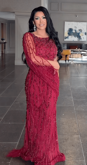 Iyza Belaar Faramah Drape Sleeves embellished fitted sequin evening dress, long modest gown with elegant design and detailed embellishments.