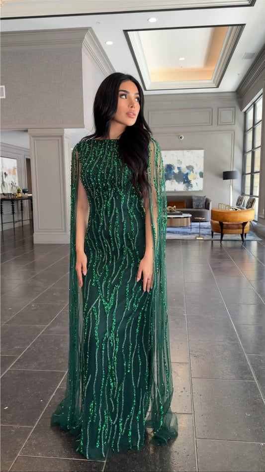 Iyza Belaar Faramah Drape Sleeves embellished fitted sequin evening dress, long modest gown with intricate detailing.