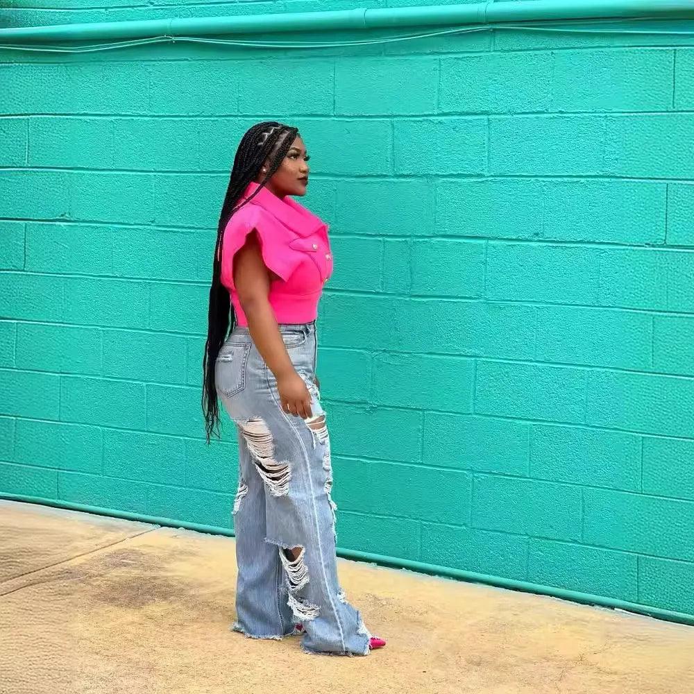 Jeans Women Long Pants Elegant Splice Denim Pant Slim Fit Sexy Hole High Waist Button Pocket Straight Trousers Summer 2024 - MANDOTOS