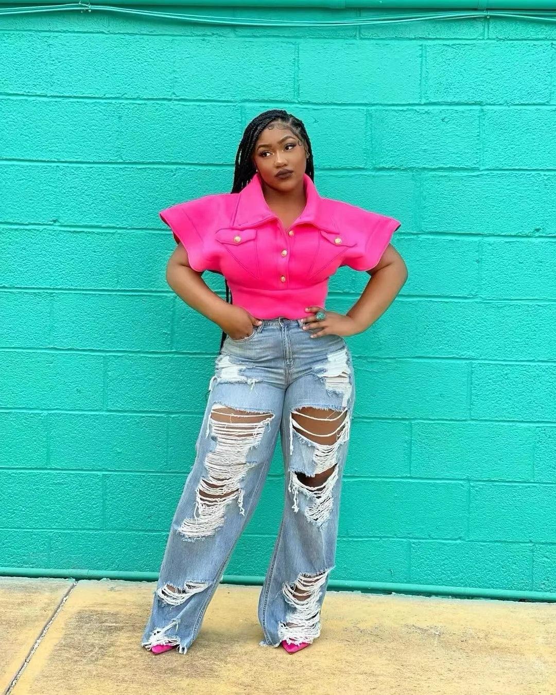 Jeans Women Long Pants Elegant Splice Denim Pant Slim Fit Sexy Hole High Waist Button Pocket Straight Trousers Summer 2024 - MANDOTOS