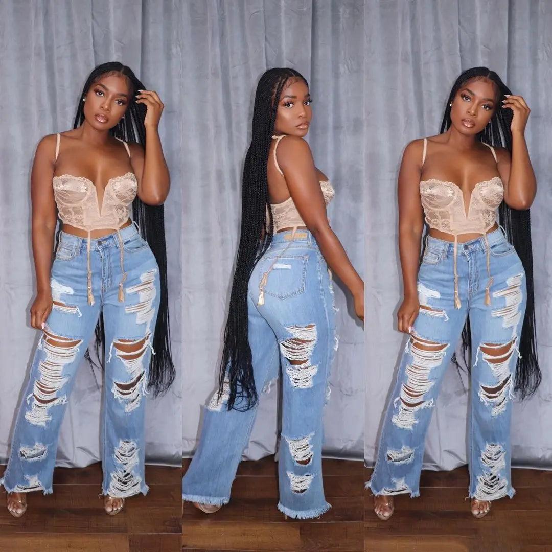 Jeans Women Long Pants Elegant Splice Denim Pant Slim Fit Sexy Hole High Waist Button Pocket Straight Trousers Summer 2024 - MANDOTOS