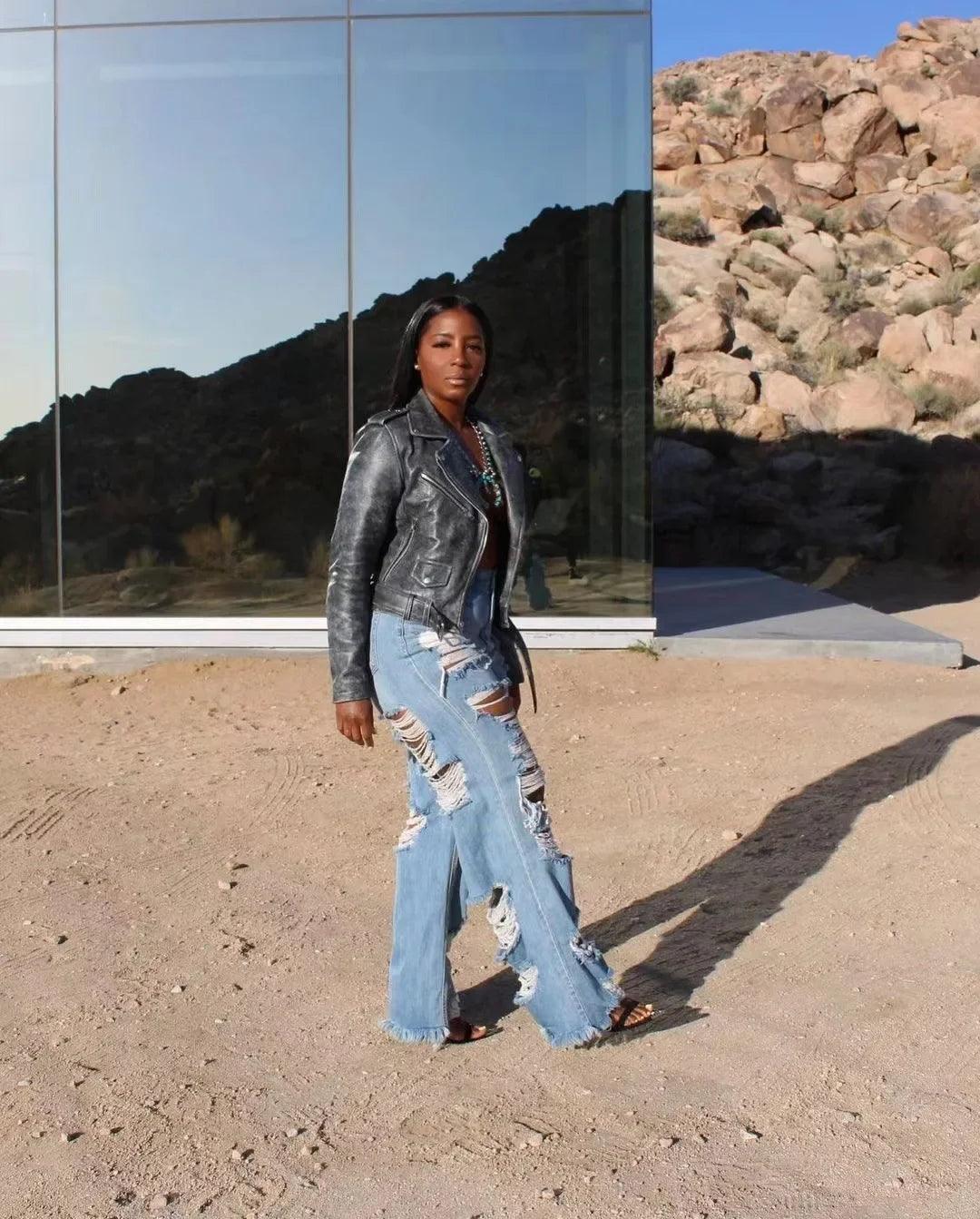 Jeans Women Long Pants Elegant Splice Denim Pant Slim Y2k Sexy Hole High Waist Button Pocket Straight Trousers Summer 2024 - MANDOTOS