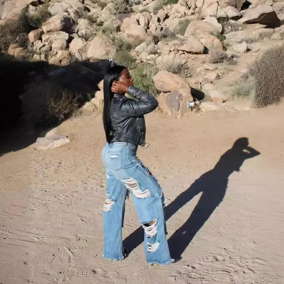 Jeans Women Long Pants Elegant Splice Denim Pant Slim Y2k Sexy Hole High Waist Button Pocket Straight Trousers Summer 2024 - MANDOTOS