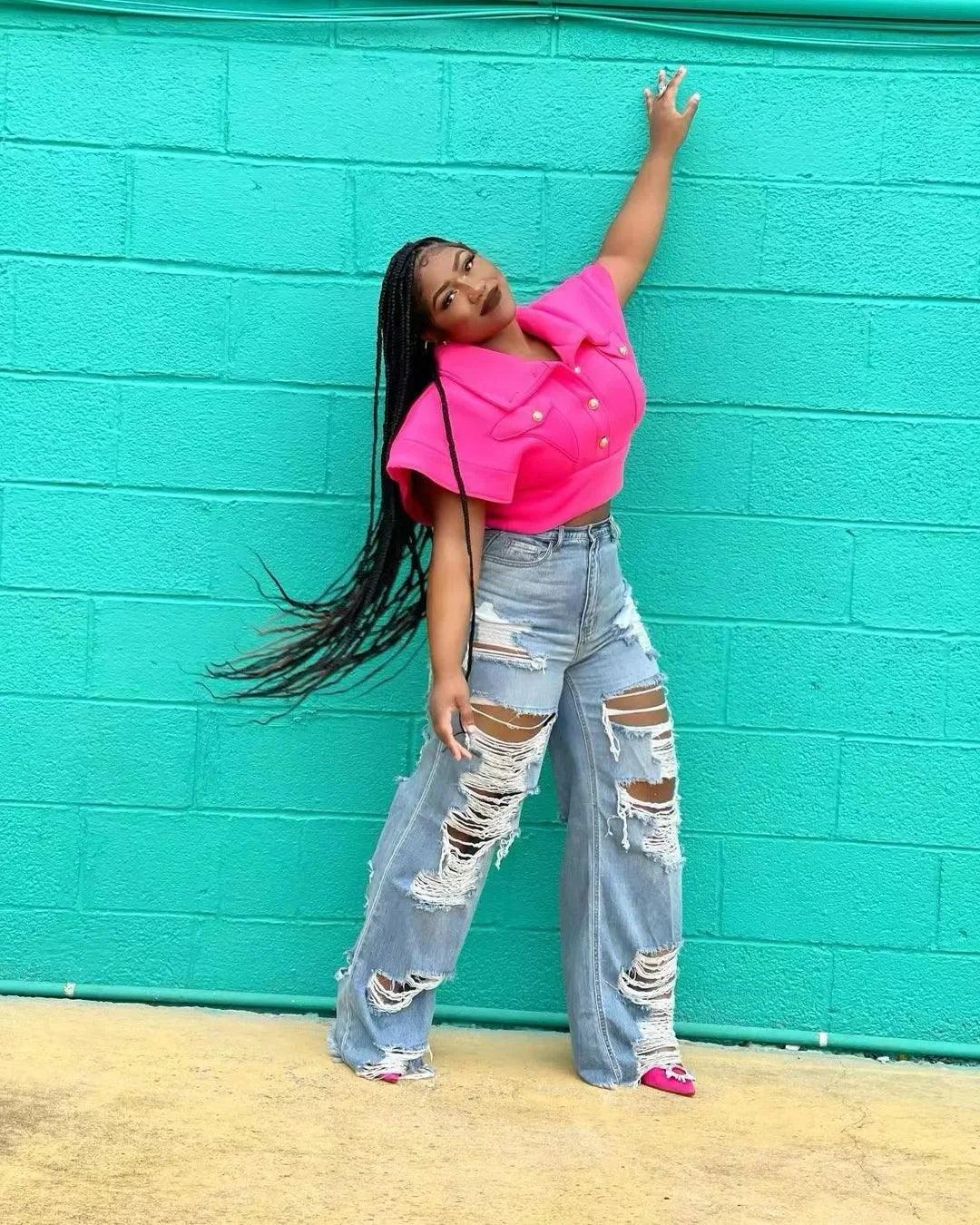 Jeans Women Long Pants Elegant Splice Denim Pant Slim Y2k Sexy Hole High Waist Button Pocket Straight Trousers Summer 2024 - MANDOTOS