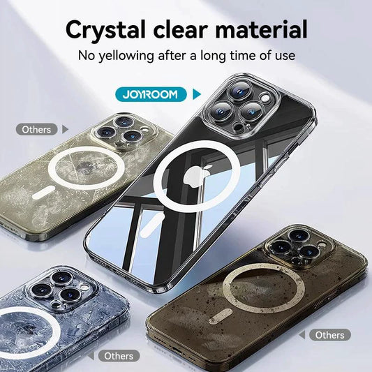Joyroom magnetic transparent iPhone 16 Pro Max case with anti-yellow tint, slim design, compatible with wireless chargers.