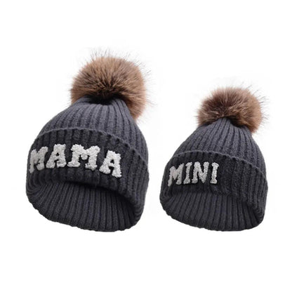 Kunyeah 3Pcs Parent-Child Beanie Hat Mama Papa Baby Matching Hats Winter Warm Cap with Pom-Pom Women Men Knitted Hat - MANDOTOS