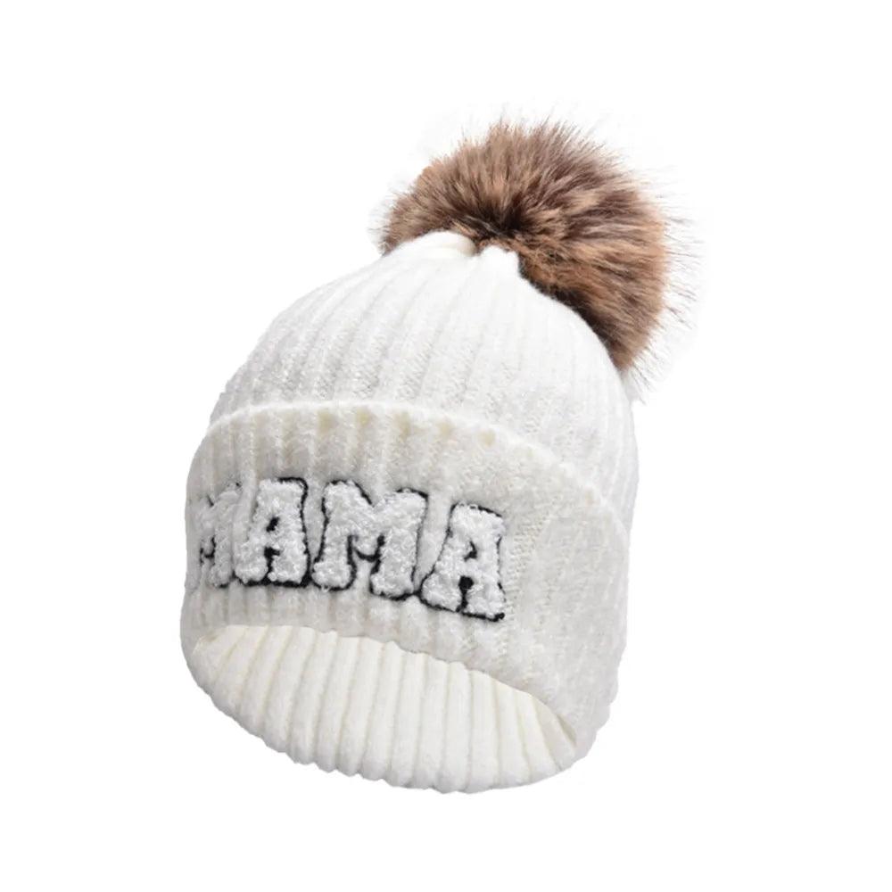 Kunyeah 3Pcs Parent-Child Beanie Hat Mama Papa Baby Matching Hats Winter Warm Cap with Pom-Pom Women Men Knitted Hat - MANDOTOS