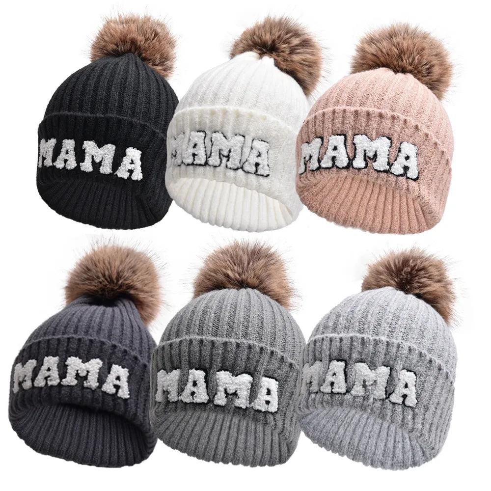 Kunyeah 3Pcs Parent-Child Beanie Hat Mama Papa Baby Matching Hats Winter Warm Cap with Pom-Pom Women Men Knitted Hat - MANDOTOS