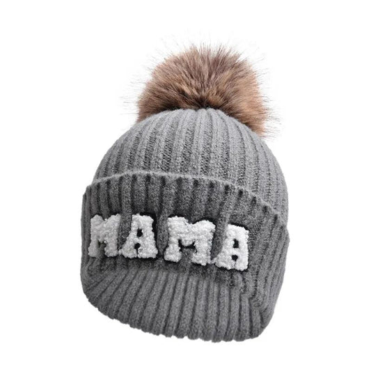 Kunyeah 3Pcs Parent-Child Beanie Hat Mama Papa Baby Matching Hats Winter Warm Cap with Pom-Pom Women Men Knitted Hat - MANDOTOS