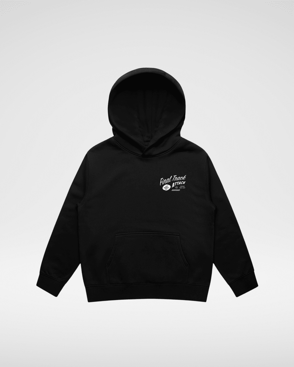 Little Rad Things baby hoodie, THE FINAL TRACK ATTACK style, recycled black toddler outerwear, soft and comfortable for young children.