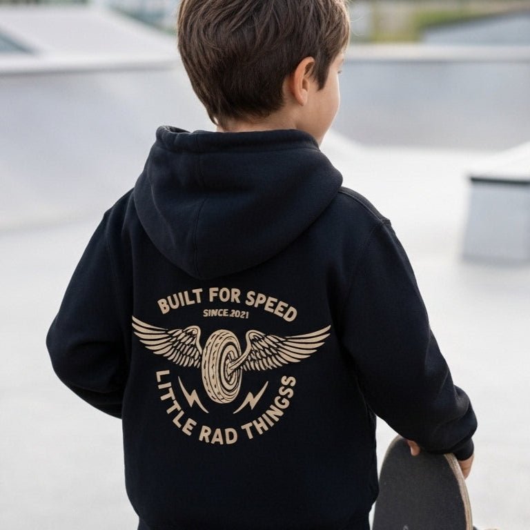 Baby and toddler black hoodie featuring winged mechanic design, recycled fabric, by LITTLE RAD THINGS, cozy outerwear for little adventurers.