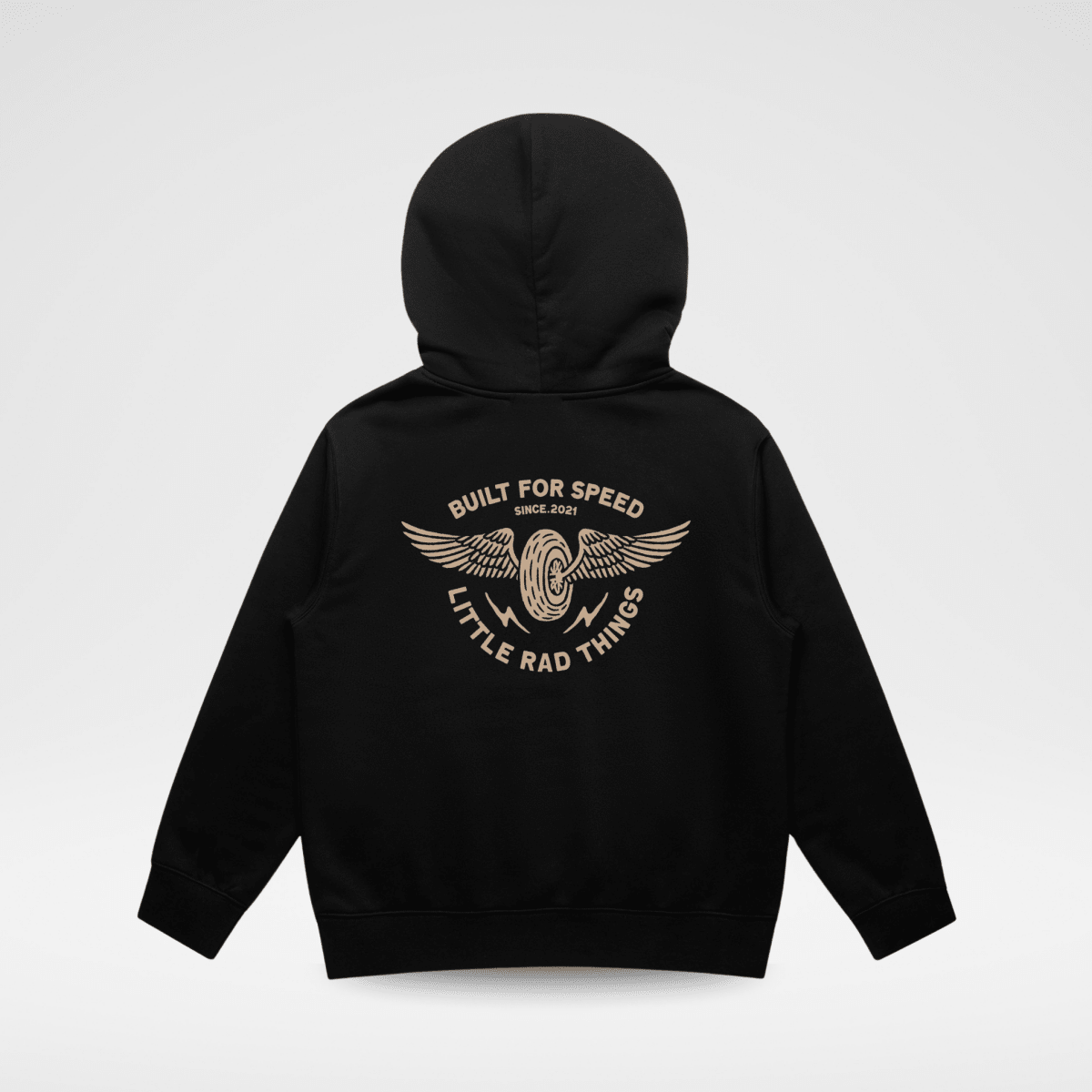 Little Rad Things toddler hoodie with winged mechanic design in recycled black, a cozy and stylish outerwear for babies and toddlers.