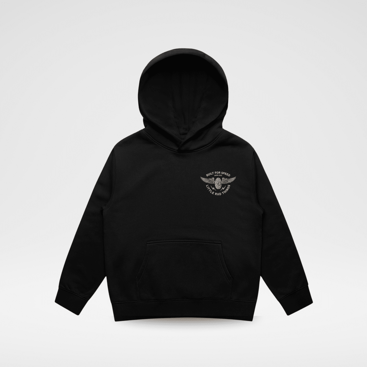 Little Rad Things Baby & Toddler Hoodie, The Winged Mechanic design in recycled black, soft and cozy outerwear for little ones.