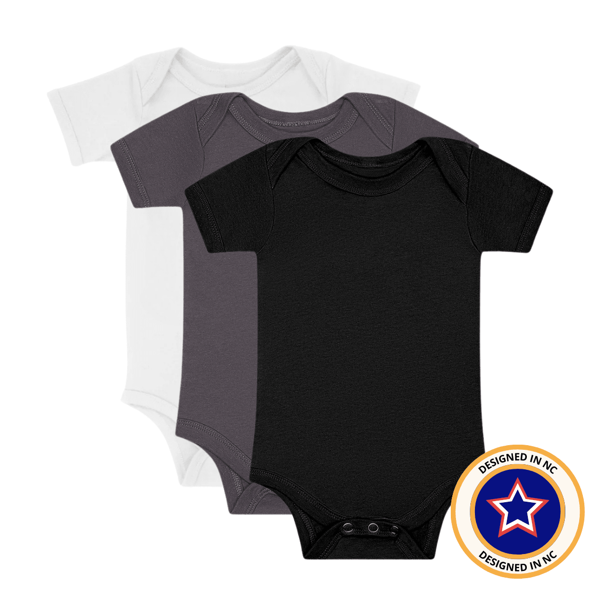 Set of three Little Rad Things neutral monochrome onesies, soft and comfortable baby clothing in various minimalist designs.