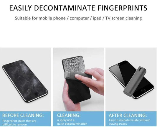 Mandotos 2-in-1 phone and computer screen cleaner kit with microfiber cloth for dust removal and screen cleaning.