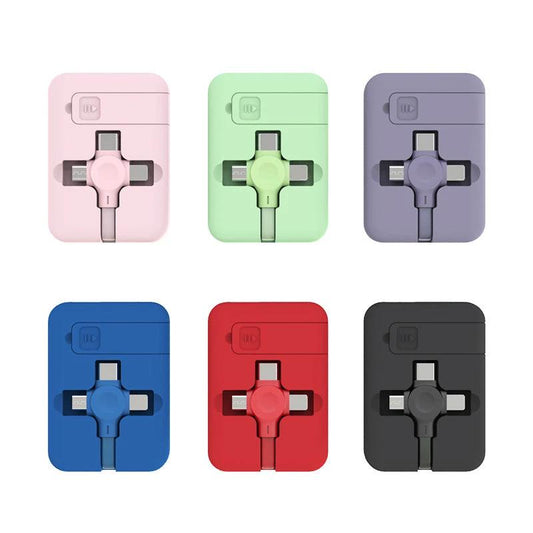 Mandotos 4-in-1 retractable USB cable with macaron design, Type C, Micro, and iPhone connectors, includes phone stand and storage box.
