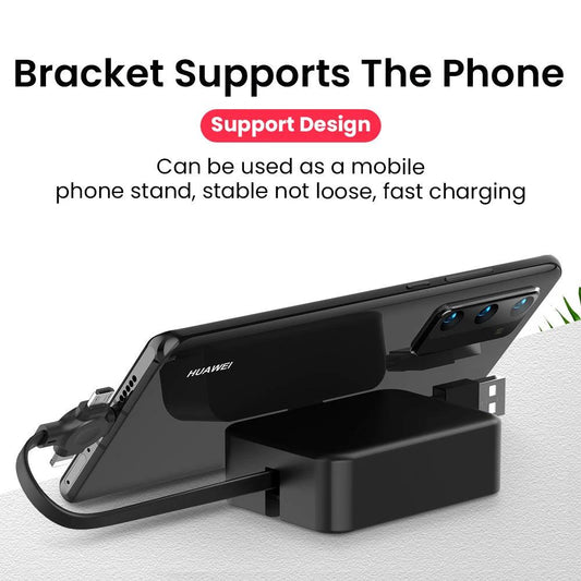 Mandotos 4-in-1 retractable USB cable with macaron design, Type C and Micro USB, includes phone stand and storage box for iPhone charging