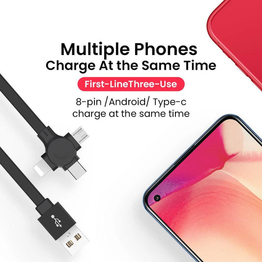 Mandotos 4-in-1 retractable USB cable with macaron design for iPhone, Type C, and Micro USB, includes phone stand and storage box.