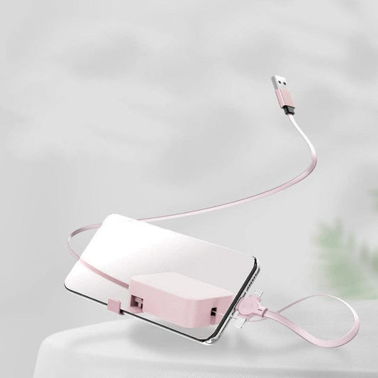 Mandotos 4-in-1 retractable USB cable with macaron design, Type C and Micro USB for iPhone, includes phone stand and storage box.