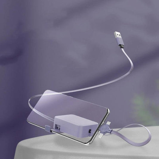Mandotos 4-in-1 retractable USB cable with macaron design, Type C and Micro USB, includes phone stand and storage box for iPhone.
