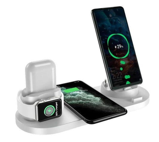 MANDOTOS 5V wireless charger with lithium battery and USB interface, showing the compact charger device with ports and LED indicators.