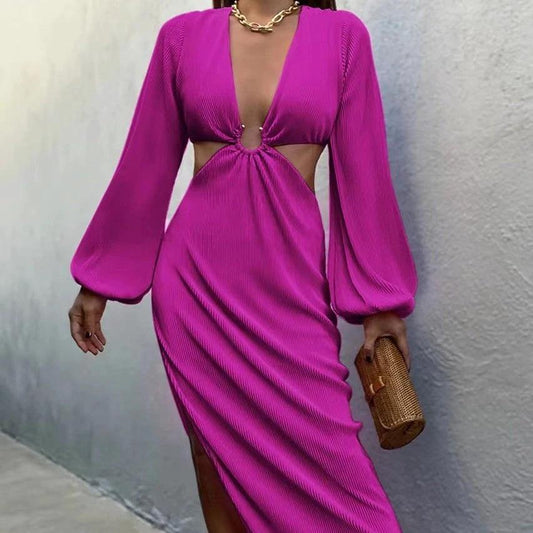 Mandotos women's autumn pressed pleated waistless dress shown hanging, featuring a flowy design and fall-inspired colors.