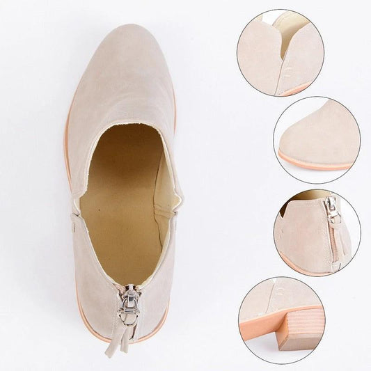 Mandotos women's autumn ankle boots with retro high heels, stylish leather shoes for fall fashion.