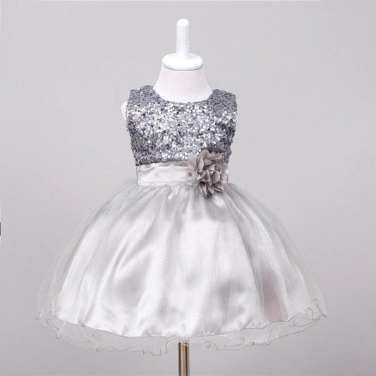Baby sequin dress by MANDOTOS featuring flower girl style and princess design, suitable for wedding and special occasions.