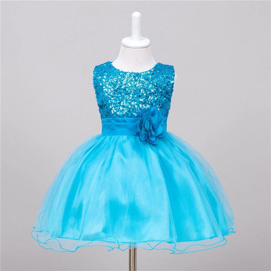 Baby girl sequin dress by MANDOTOS, floral design, perfect for weddings, princess-style flower girl dress, front view.