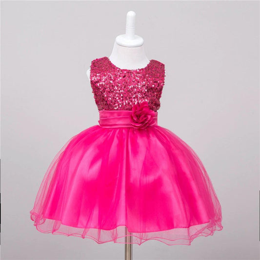 Baby sequin flower girl dress by MANDOTOS featuring a princess-style design for special wedding occasions.