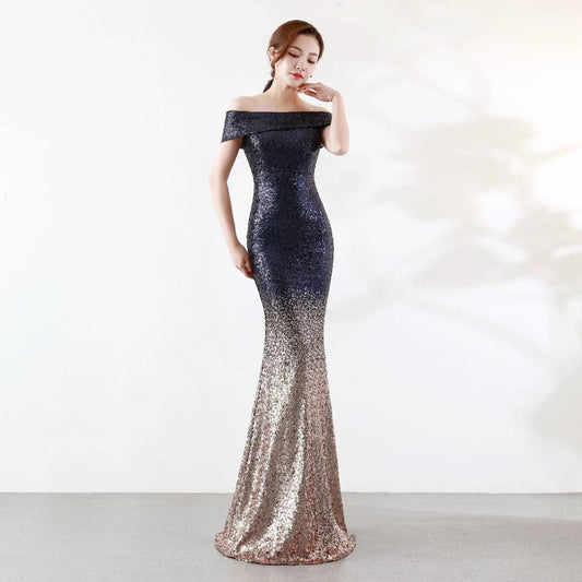Mandotos long birthday party dress for women, slimming host gown in elegant style with flowing fabric and classic design.