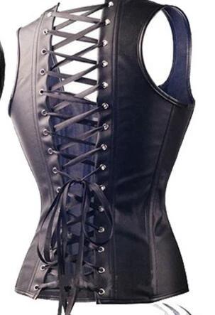 Black steampunk faux leather overbust corset by MANDOTOS with metal detailing and lace-up front, designed for a bold, vintage-inspired look.