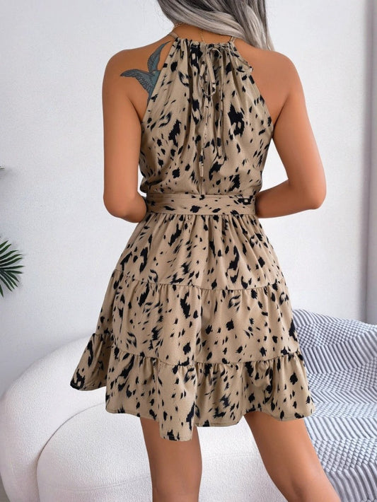 Mandotos chiffon leopard print ruffled swing dress for women, shown in multiple colors, flowing fabric and stylish design.