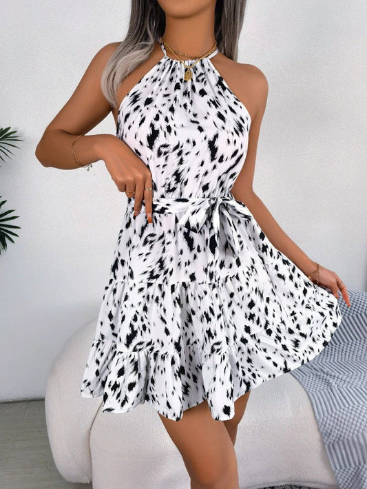 Mandotos chiffon leopard print ruffled swing dress for women, featuring multiple color options and lightweight, flowing fabric.