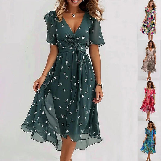 Mandotos chiffon printed short sleeve summer dress with V-neck, elegant design, perfect for women's warm-weather clothing.