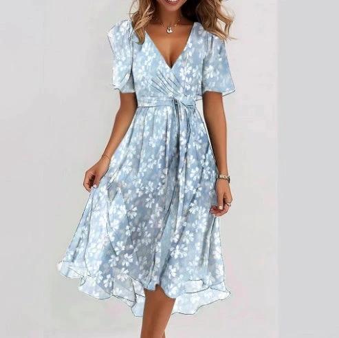 Mandotos chiffon printed short sleeve summer dress with V-neck, elegant design, perfect for women's casual and summer wear.