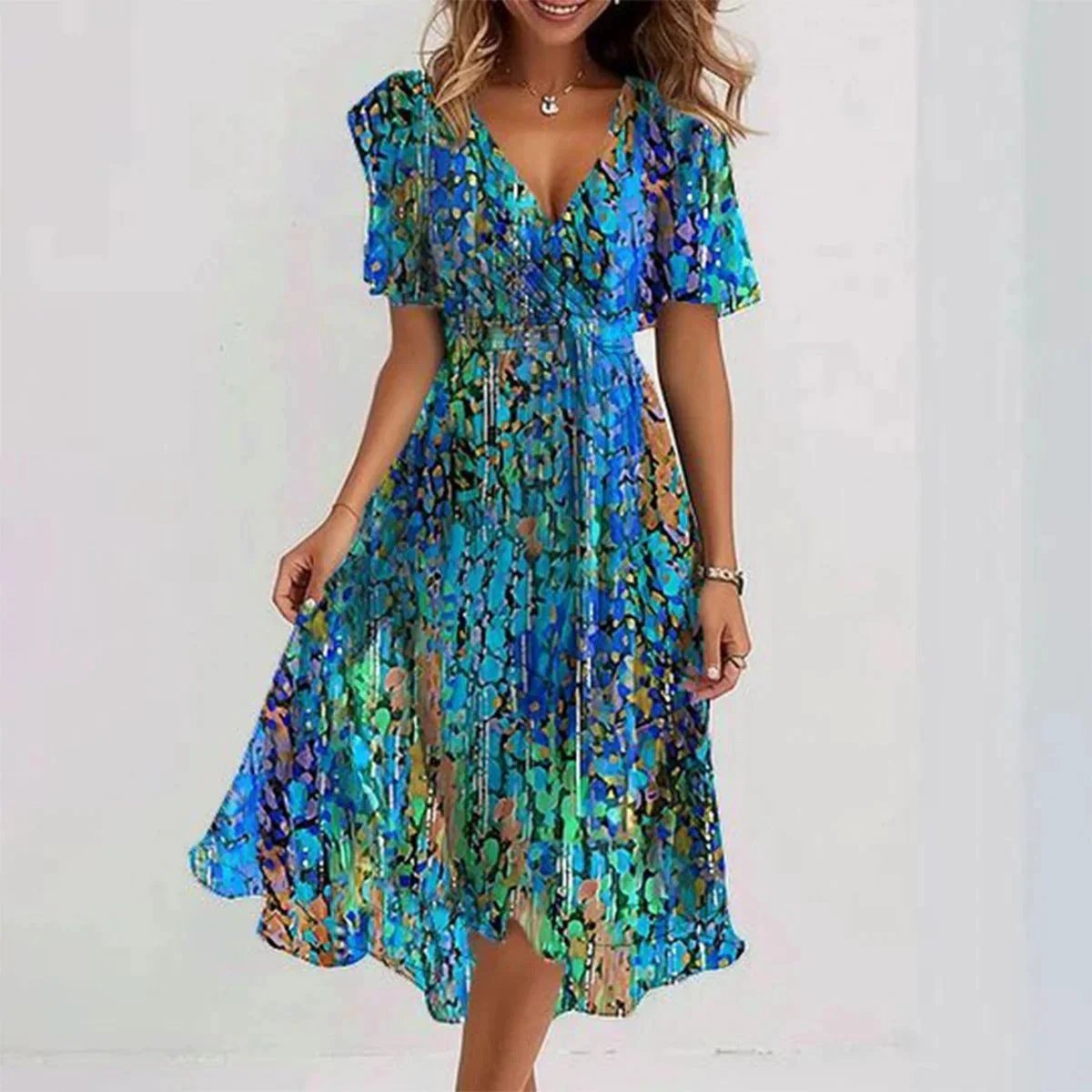 Mandotos chiffon printed short sleeve summer dress with V-neck, elegant design, perfect for women's warm-weather fashion.