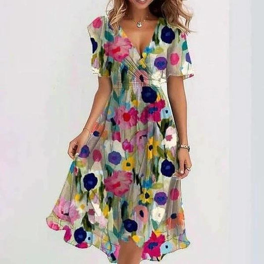 Mandotos chiffon printed short sleeve summer dress with V-neck, lightweight elegant women's clothing for warm weather.
