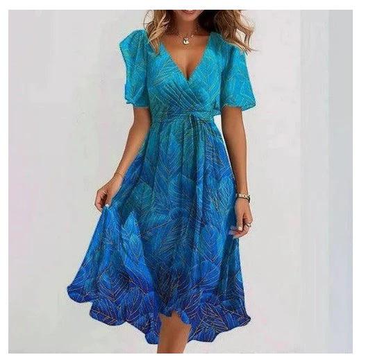 Mandotos chiffon printed short sleeve summer dress with V-neck, elegant and lightweight for women's casual and dressy occasions.