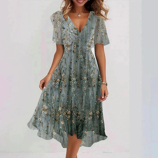 Mandotos chiffon printed short sleeve summer dress with V-neck, elegant and lightweight for women's casual and dressy occasions.