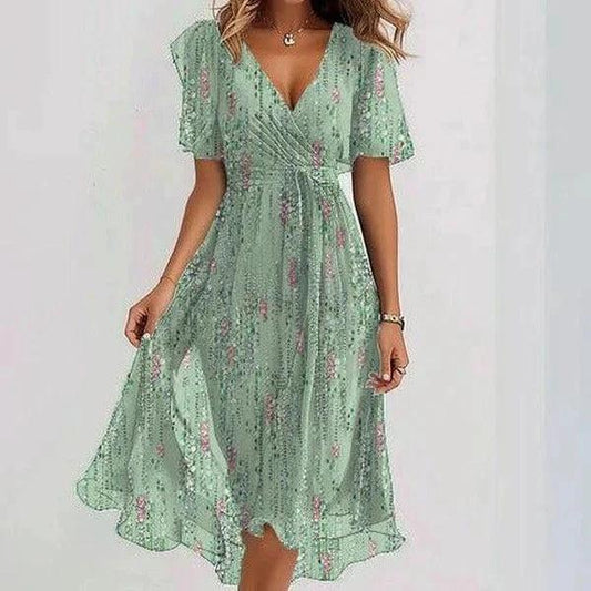 Mandotos chiffon printed short sleeve summer dress with elegant V-neck, lightweight and flowy for women's stylish warm-weather wear.