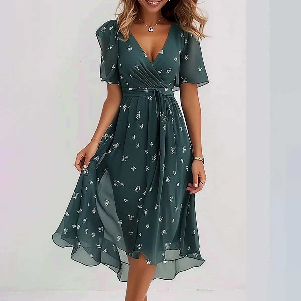 Mandotos chiffon printed short sleeve summer dress with V-neck, elegant style for women, lightweight and stylish women's clothing.