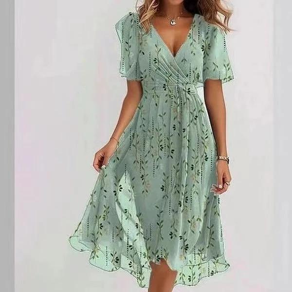Elegant MANDOTOS chiffon printed short sleeve summer dress with V-neck, perfect for women's casual and summer occasions.