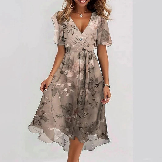 Mandotos chiffon printed short sleeve summer dress with V-neck, lightweight and elegant for women's casual and summer wear.