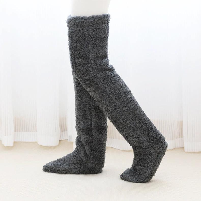 Mandotos cozy winter knee-high fuzzy socks in soft, warm material, perfect for cold-proof comfort and chilly weather.
