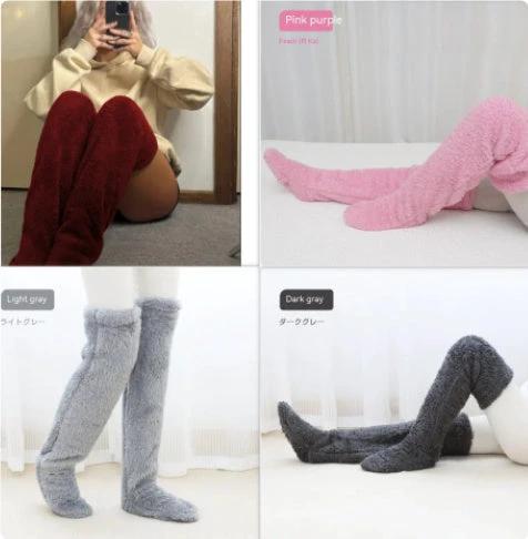 Mandotos cozy winter knee-high fuzzy socks in soft, warm fabric designed for cold-proof comfort and stylish winter wear.