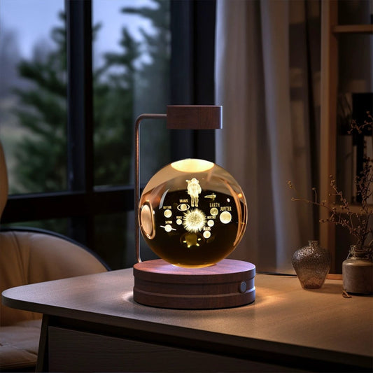 Mandotos crystal ball cosmic dinosaur indoor night light with USB power, warm glow, ideal for bedside or birthday gift.